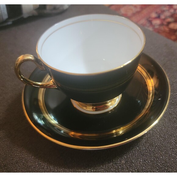 Aynsley England Bone China Tea Cup Saucer Shiny Black Gold stripe 1930s VTG - Picture 3 of 10